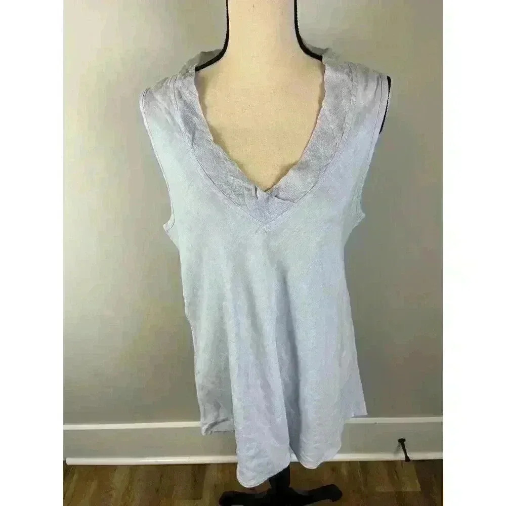 Flax Linen Blouse Sleeveless Women's M Light Blue V-Neck Lagenlook Minimalist